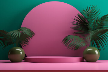 3d render of product visuals, pink podium with foliage,leaves, abstract, mockup