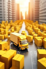 yellow trucks and boxes supply chain concept, 3D - obrazy, fototapety, plakaty