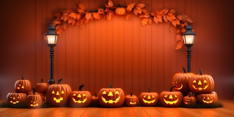 Halloween mockup empty display decorated with carved pumpkins and holiday decoration on orange background with copy space. 3D Rendering, 3D Illustration