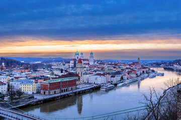 Sunset on a winter evening over Passau, Bavaria, Germany.