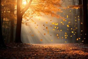 Autumn in the park. Yellow leaves falling from the tree in fall forest in the morning or sunset. Indian summer.