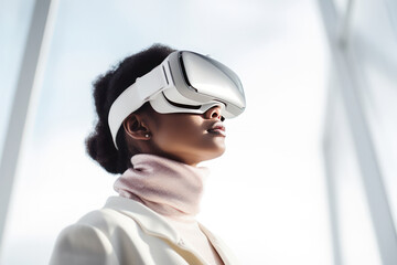 African American woman wearing virtual reality headset. Young mixed race woman in VR goggles on clean white minimal futuristic background. Clear future vision. Generative AI
