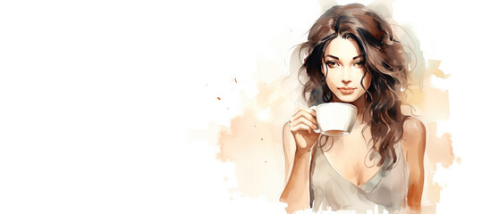 beautiful woman drinking coffee watercolor illustration copy space left