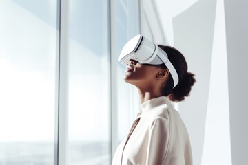 Diverse woman wearing virtual reality headset in minimal white interior of modern home or office. Clean futuristic vision. Augmented reality and future business development concept.