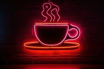 cup of coffee with smoke neon red sign on cafe or restaurant wall