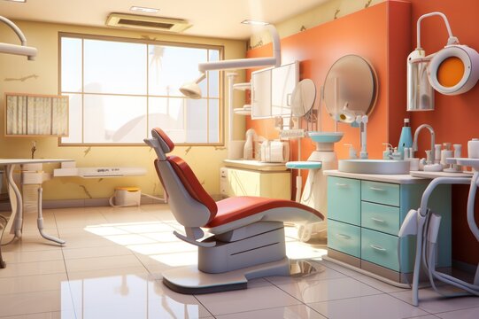 Dental clinic room interior. Dental chair and instruments. 3d render illustration. Dentistry business. 