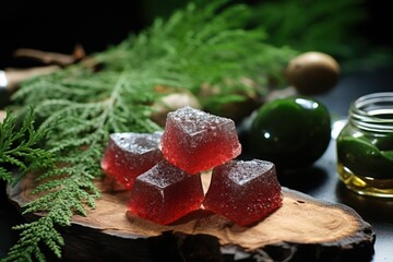 christmas red gummies candy and fir branch in the kitchen