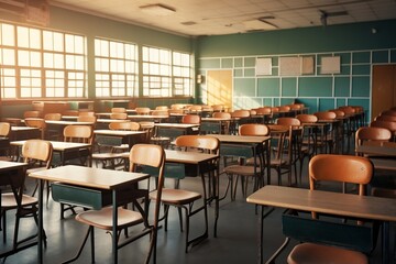 Empty Classroom with Wooden Chairs. Generative Ai