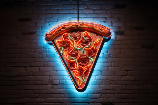 neon pizza sign on pizzeria restaurant brick wall