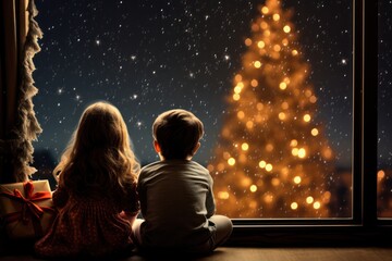 siblings watching Christmas tree with lights at  night. Brother and sister on xmas eve
