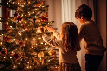 kids decorating christmas tree. siblings on holiday season retro mood