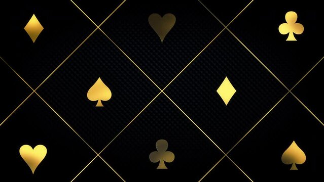 Luxury gold casino royal background. Black abstract text banner. Vip backdrop with golden poker card suits. Copy space for grand casino logo or title text. Online bet and money win concept
