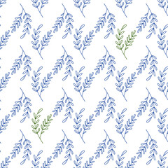 Vector foliage with blue tropical leaf and summer flowers. Botanical hipster, rustic seamless print for wedding cards. Nature floral background greenery pattern in hand drawn style. - 637989329