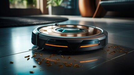 Robot vacuum cleaner in operation made with Ai generative technology, Property is fictional