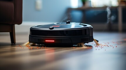 Robot vacuum cleaner in operation made with Ai generative technology, Property is fictional