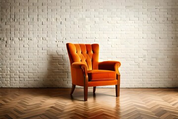 Classic armchair art deco style in orange velvet with wooden legs with clipping path isolated on white background. Series of furniture