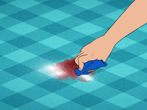 Cleaning carpet with cloth in hand illustration.