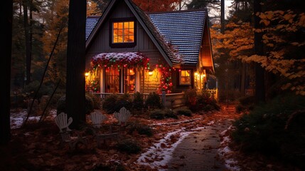A charming cottage nestled amidst a forest of vividly colored trees, the warm glow of the season in every detail - Generative ai