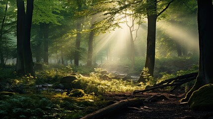 An enchanting woodland clearing with sunlight streaming through the leaves, creating an ethereal glow - Generative ai