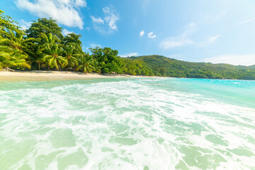 World famous Anse Lazio beach seen from the water