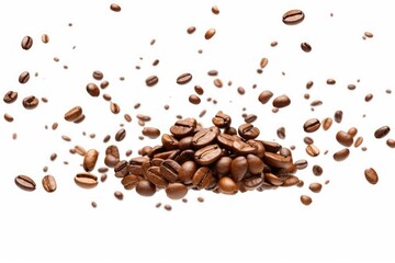 Obraz premium Coffee beans flying over a white background