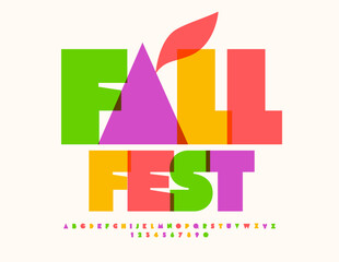 Vector event flyer Fall Fest with decorative Leaf. Colorful Alphabet Letters and Numbers set. Abstract style Font