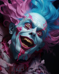Immerse yourself in a realm of imagination with this realistic illustration depicting a joker with striking blue hair. This eccentric creature, a fusion of the eerie and the whimsical.