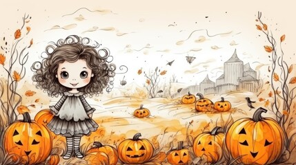 A little girl standing in a field of pumpkins