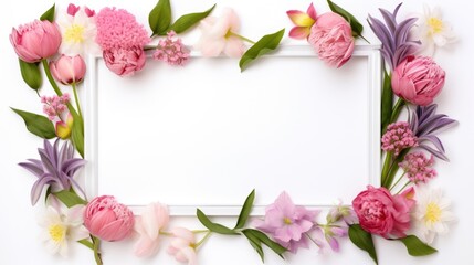 Obraz na płótnie Canvas A white frame with pink and purple flowers on it