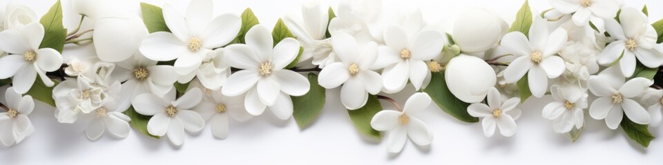 Obraz premium A group of white flowers with green leaves