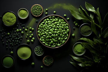 Green chlorella pills on black background. Top view of chlorella algae powder superfoods. Healthy food concept. - obrazy, fototapety, plakaty