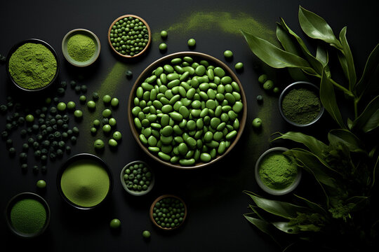 Green chlorella pills on black background. Top view of chlorella algae powder superfoods. Healthy food concept.