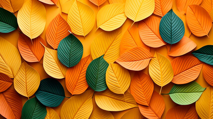 Colorful autumn leaves on orange background. Flat lay, top view
