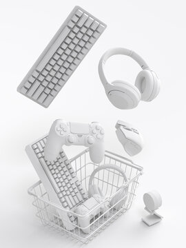 Gamer gears like mouse, keyboard, joystick, headset, VR, web camera in basket