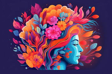 Fototapeta na wymiar Portrait of a woman with colorful flowers and leaves in hair. The concept of meditation and mental health in a surreal style. Divine energies in warm orange, pink and blue colors.