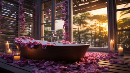 A spa room with a bathtub filled with flower petals, generative Ai