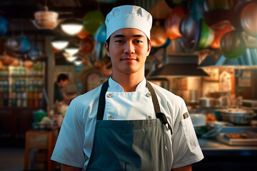 Image created with AI. Asian chef cook posing in restaurant