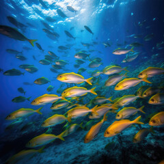 Fototapeta na wymiar Fish surrounded by young ones in clear deep sea, vivid color