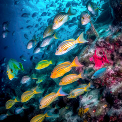 Fototapeta na wymiar Fish surrounded by young ones in clear deep sea, vivid color
