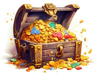 An open Treasure Chest filled with a lot of with gold coins and gems isolated on white background