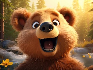 a cute and happy bear with eyes wide open in cartoon style