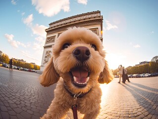 A cute dog smiles while taking a selfie in front of Arc de Triomphe - obrazy, fototapety, plakaty