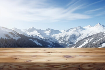 Empty wooden deck table on the snowy mountains background. Winter landscape backdrop for mockup and promotion design.