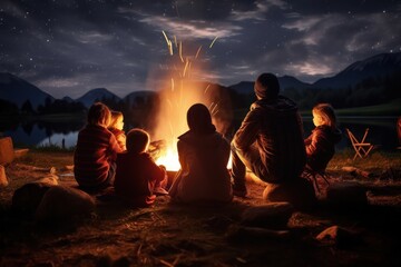 Picnic near bonfire - leisure, summer, kids, food, playful, family, flames. - obrazy, fototapety, plakaty