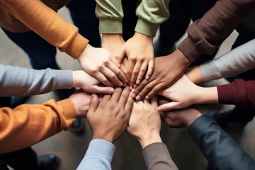 Foto op Aluminium Diverse hands in circle signify unity, teamwork, and partnership. Concept of collaboration and cooperation. © Postproduction
