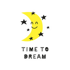 Poster with moon character and lettering.