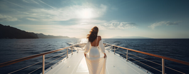 young beautiful woman admiring the sunset on the deck of a luxury yacht, legal AI - obrazy, fototapety, plakaty