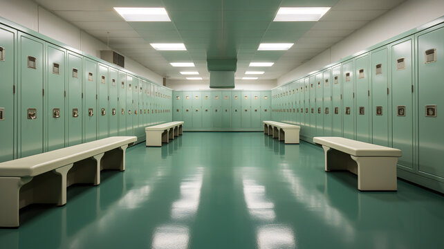 Sports Locker Room Interior. Soccer Team School Dressing Room. Football Changing Room with lockers in the sports club, gym workout and fitness concept. generative ai