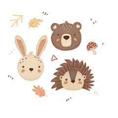 Set of cute portraits of animals bear, bunny, hedgehog and autumn decoration for postcards design, children s birthday, party, baby shower. Simple flat design elements. Hand draw illustration