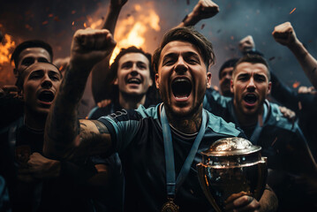 A group of Football Sports Team Holding a Cup in Blue Uniform Cheering a Victory in a game competition after making a goal at the stadium or a soccer field.  players training. generative ai - obrazy, fototapety, plakaty